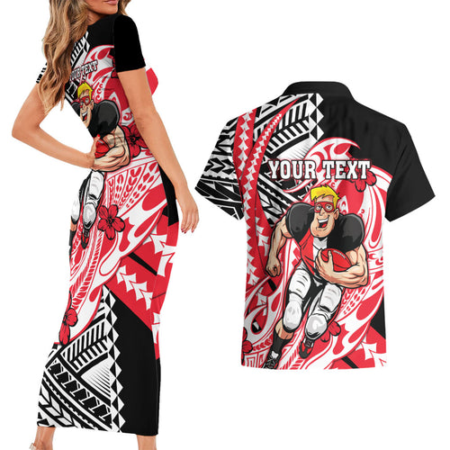 Personalized St Kilda Saints Couples Matching Short Sleeve Bodycon Dress and Hawaiian Shirt Polynesian Tribal Saint Mascot With Hibiscus Floral Art