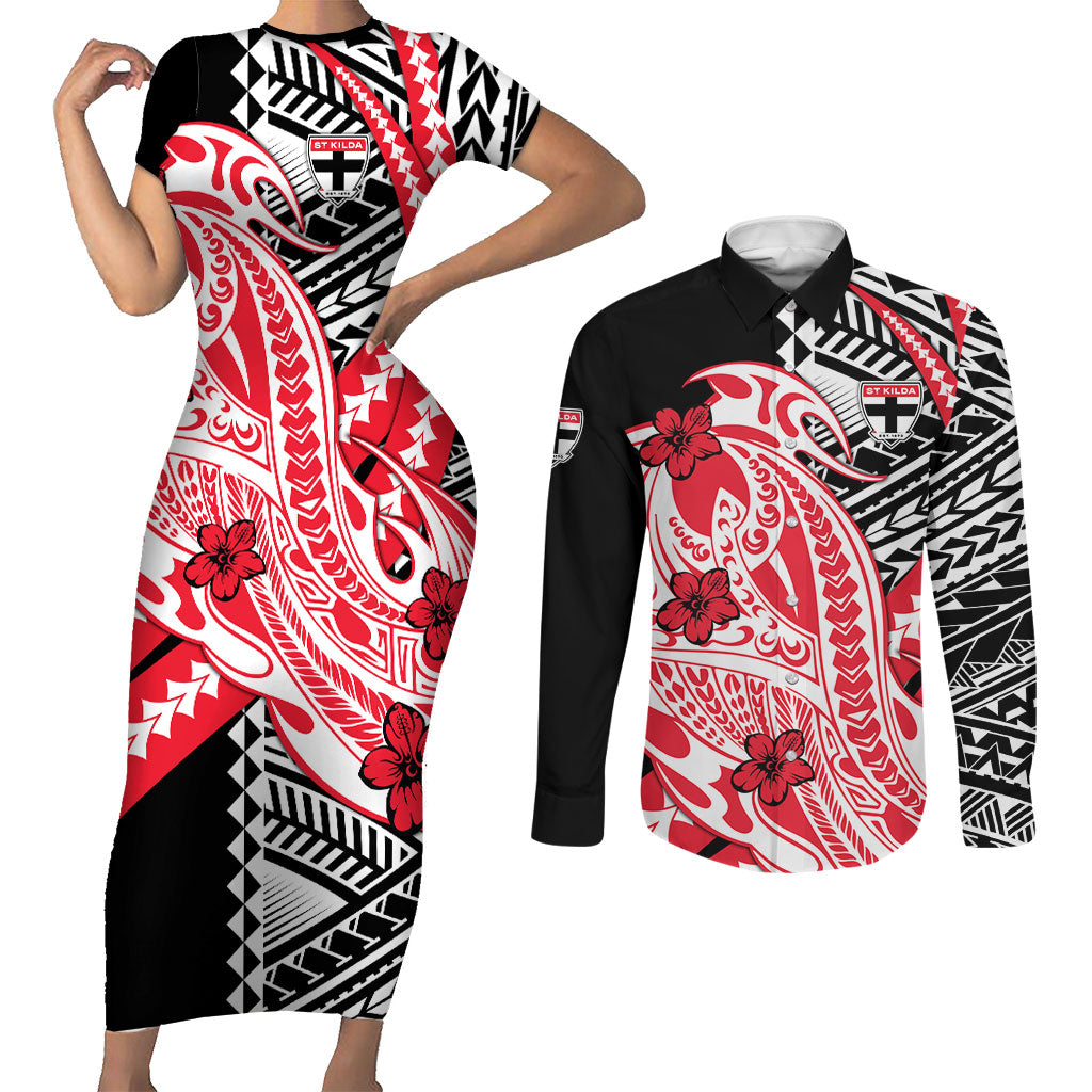 Personalized St Kilda Saints Couples Matching Short Sleeve Bodycon Dress and Long Sleeve Button Shirt Polynesian Tribal Saint Mascot With Hibiscus Floral Art