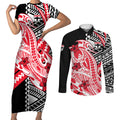 Personalized St Kilda Saints Couples Matching Short Sleeve Bodycon Dress and Long Sleeve Button Shirt Polynesian Tribal Saint Mascot With Hibiscus Floral Art