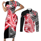 Personalized St Kilda Saints Couples Matching Short Sleeve Bodycon Dress and Long Sleeve Button Shirt Polynesian Tribal Saint Mascot With Hibiscus Floral Art