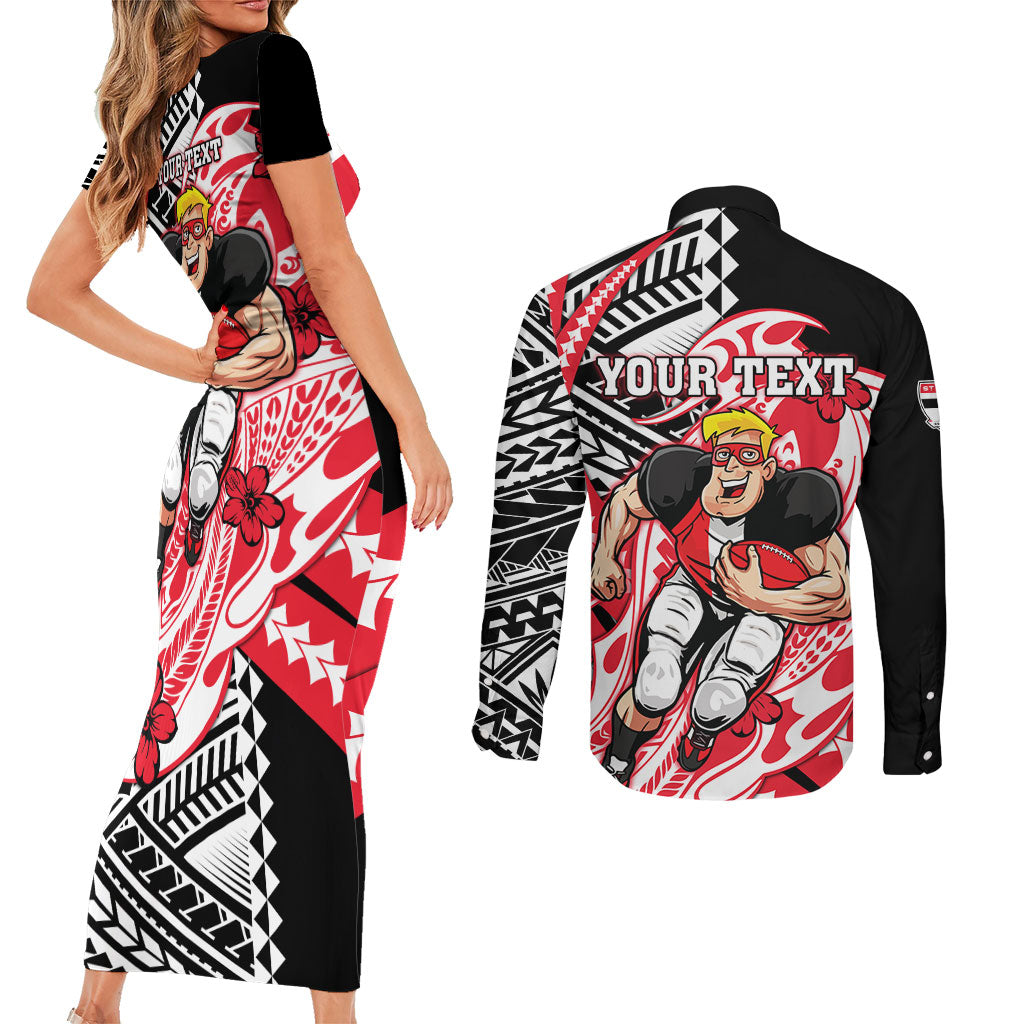 Personalized St Kilda Saints Couples Matching Short Sleeve Bodycon Dress and Long Sleeve Button Shirt Polynesian Tribal Saint Mascot With Hibiscus Floral Art