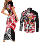 Personalized St Kilda Saints Couples Matching Short Sleeve Bodycon Dress and Long Sleeve Button Shirt Polynesian Tribal Saint Mascot With Hibiscus Floral Art