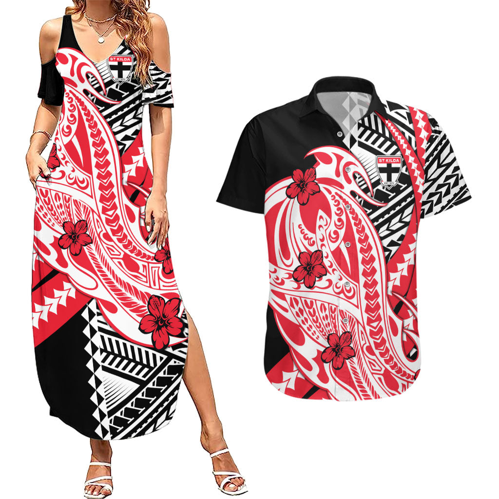 Personalized St Kilda Saints Couples Matching Summer Maxi Dress and Hawaiian Shirt Polynesian Tribal Saint Mascot With Hibiscus Floral Art
