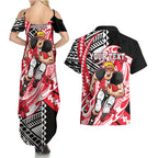 Personalized St Kilda Saints Couples Matching Summer Maxi Dress and Hawaiian Shirt Polynesian Tribal Saint Mascot With Hibiscus Floral Art