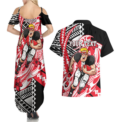 Personalized St Kilda Saints Couples Matching Summer Maxi Dress and Hawaiian Shirt Polynesian Tribal Saint Mascot With Hibiscus Floral Art