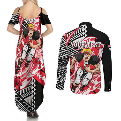 Personalized St Kilda Saints Couples Matching Summer Maxi Dress and Long Sleeve Button Shirt Polynesian Tribal Saint Mascot With Hibiscus Floral Art
