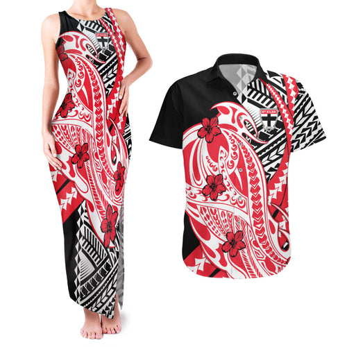 Personalized St Kilda Saints Couples Matching Tank Maxi Dress and Hawaiian Shirt Polynesian Tribal Saint Mascot With Hibiscus Floral Art