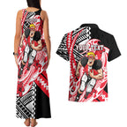 Personalized St Kilda Saints Couples Matching Tank Maxi Dress and Hawaiian Shirt Polynesian Tribal Saint Mascot With Hibiscus Floral Art