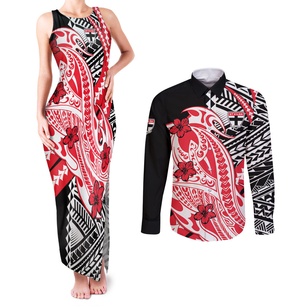 Personalized St Kilda Saints Couples Matching Tank Maxi Dress and Long Sleeve Button Shirt Polynesian Tribal Saint Mascot With Hibiscus Floral Art