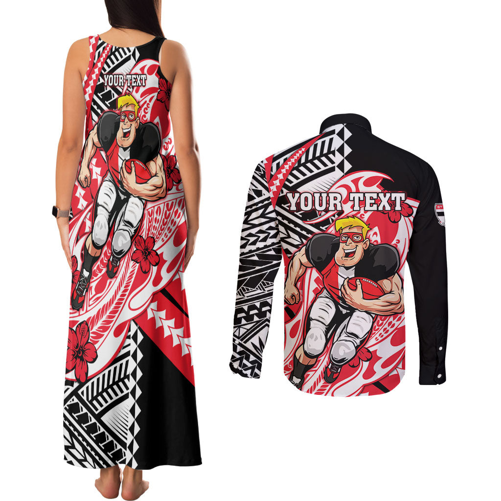 Personalized St Kilda Saints Couples Matching Tank Maxi Dress and Long Sleeve Button Shirt Polynesian Tribal Saint Mascot With Hibiscus Floral Art