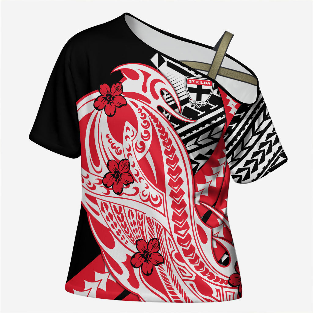 Personalized St Kilda Saints Cross Shoulder Shirt Polynesian Tribal Saint Mascot With Hibiscus Floral Art
