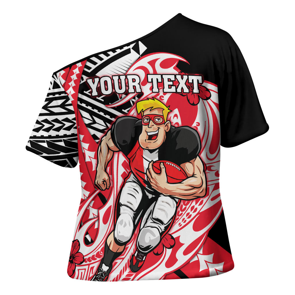 Personalized St Kilda Saints Cross Shoulder Shirt Polynesian Tribal Saint Mascot With Hibiscus Floral Art