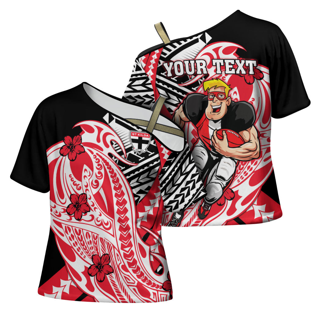 Personalized St Kilda Saints Cross Shoulder Shirt Polynesian Tribal Saint Mascot With Hibiscus Floral Art