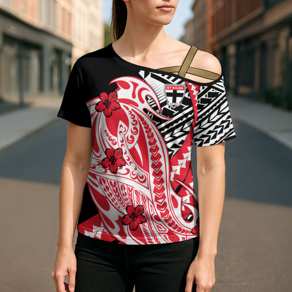 Personalized St Kilda Saints Cross Shoulder Shirt Polynesian Tribal Saint Mascot With Hibiscus Floral Art