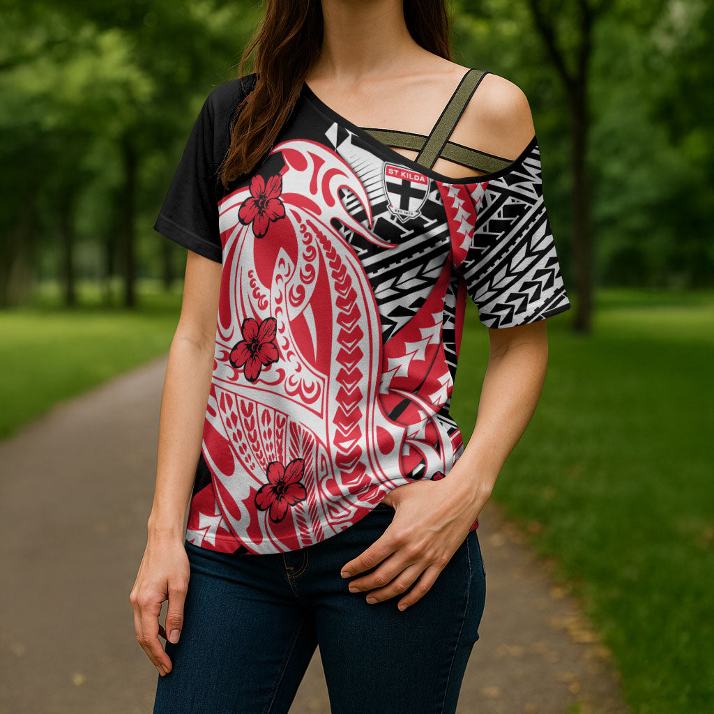 Personalized St Kilda Saints Cross Shoulder Shirt Polynesian Tribal Saint Mascot With Hibiscus Floral Art