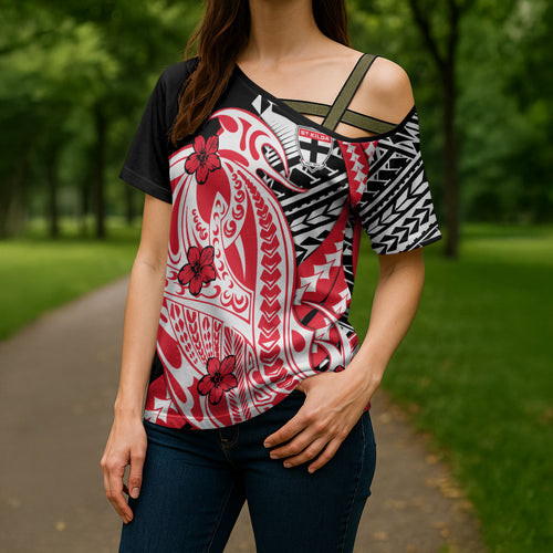 Personalized St Kilda Saints Cross Shoulder Shirt Polynesian Tribal Saint Mascot With Hibiscus Floral Art