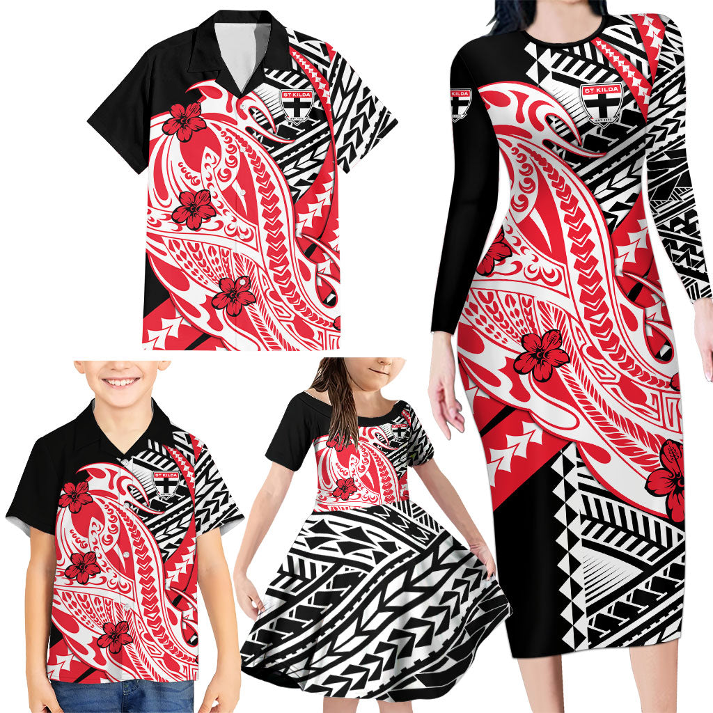 Personalized St Kilda Saints Family Matching Long Sleeve Bodycon Dress and Hawaiian Shirt Polynesian Tribal Saint Mascot With Hibiscus Floral Art