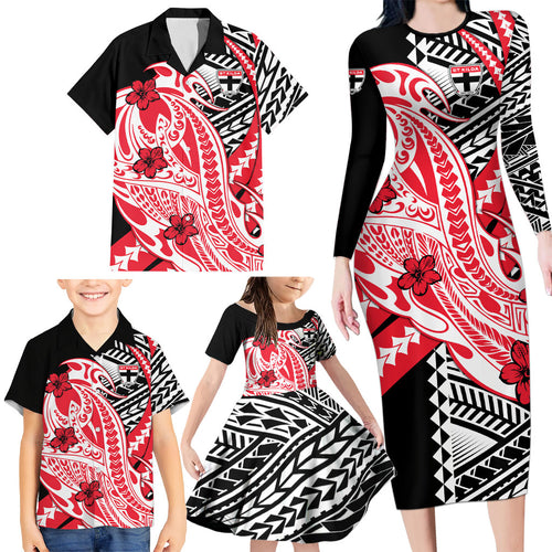 Personalized St Kilda Saints Family Matching Long Sleeve Bodycon Dress and Hawaiian Shirt Polynesian Tribal Saint Mascot With Hibiscus Floral Art