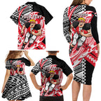 Personalized St Kilda Saints Family Matching Long Sleeve Bodycon Dress and Hawaiian Shirt Polynesian Tribal Saint Mascot With Hibiscus Floral Art