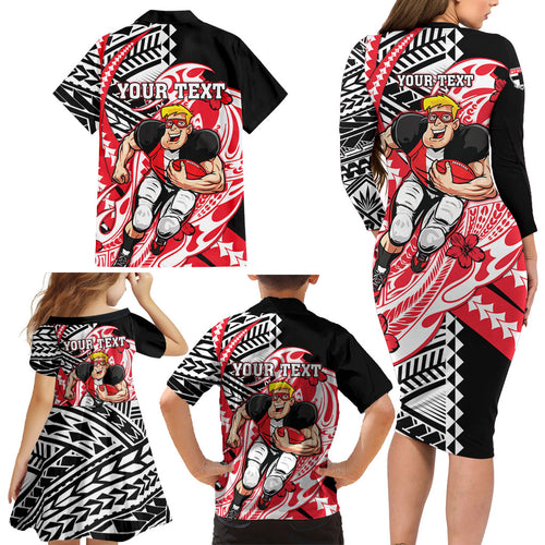 Personalized St Kilda Saints Family Matching Long Sleeve Bodycon Dress and Hawaiian Shirt Polynesian Tribal Saint Mascot With Hibiscus Floral Art
