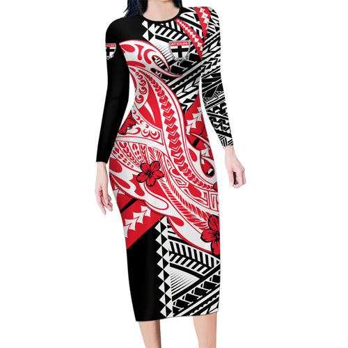 Personalized St Kilda Saints Family Matching Long Sleeve Bodycon Dress and Hawaiian Shirt Polynesian Tribal Saint Mascot With Hibiscus Floral Art
