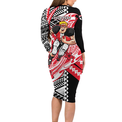 Personalized St Kilda Saints Family Matching Long Sleeve Bodycon Dress and Hawaiian Shirt Polynesian Tribal Saint Mascot With Hibiscus Floral Art