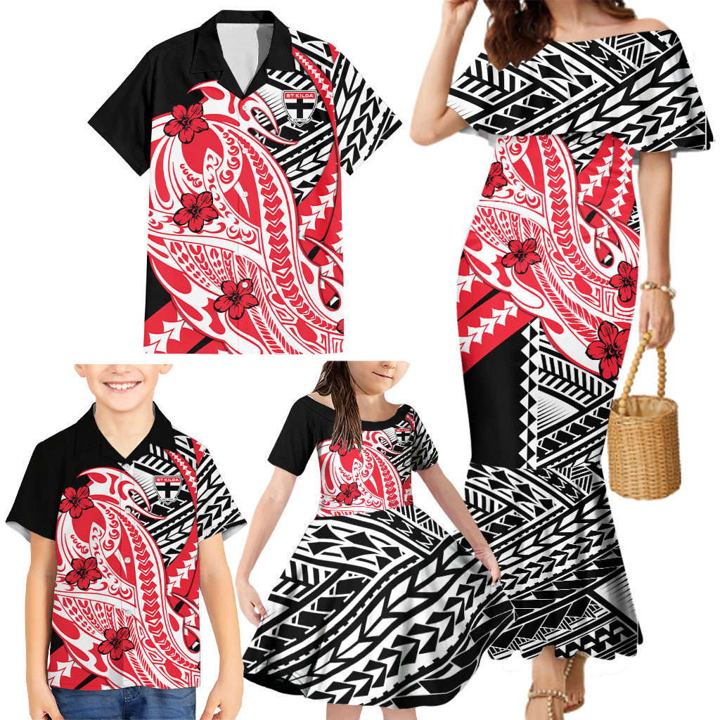 Personalized St Kilda Saints Family Matching Mermaid Dress and Hawaiian Shirt Polynesian Tribal Saint Mascot With Hibiscus Floral Art