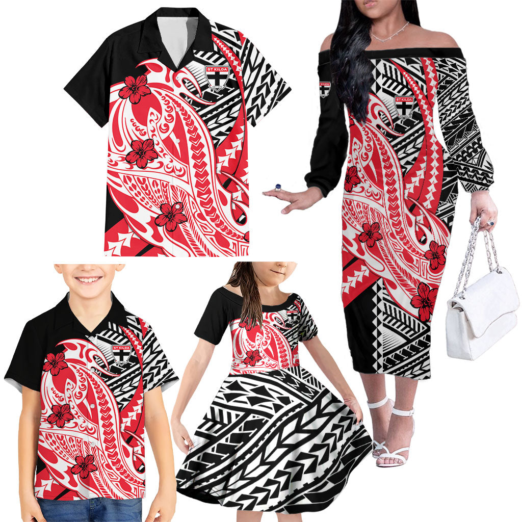 Personalized St Kilda Saints Family Matching Off The Shoulder Long Sleeve Dress and Hawaiian Shirt Polynesian Tribal Saint Mascot With Hibiscus Floral Art