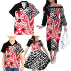 Personalized St Kilda Saints Family Matching Off The Shoulder Long Sleeve Dress and Hawaiian Shirt Polynesian Tribal Saint Mascot With Hibiscus Floral Art