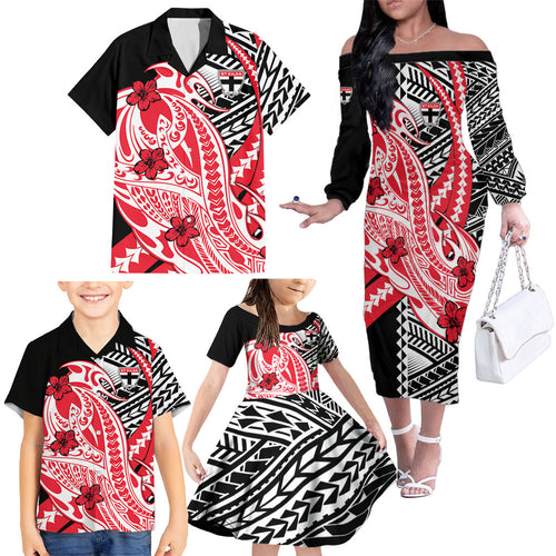 Personalized St Kilda Saints Family Matching Off The Shoulder Long Sleeve Dress and Hawaiian Shirt Polynesian Tribal Saint Mascot With Hibiscus Floral Art
