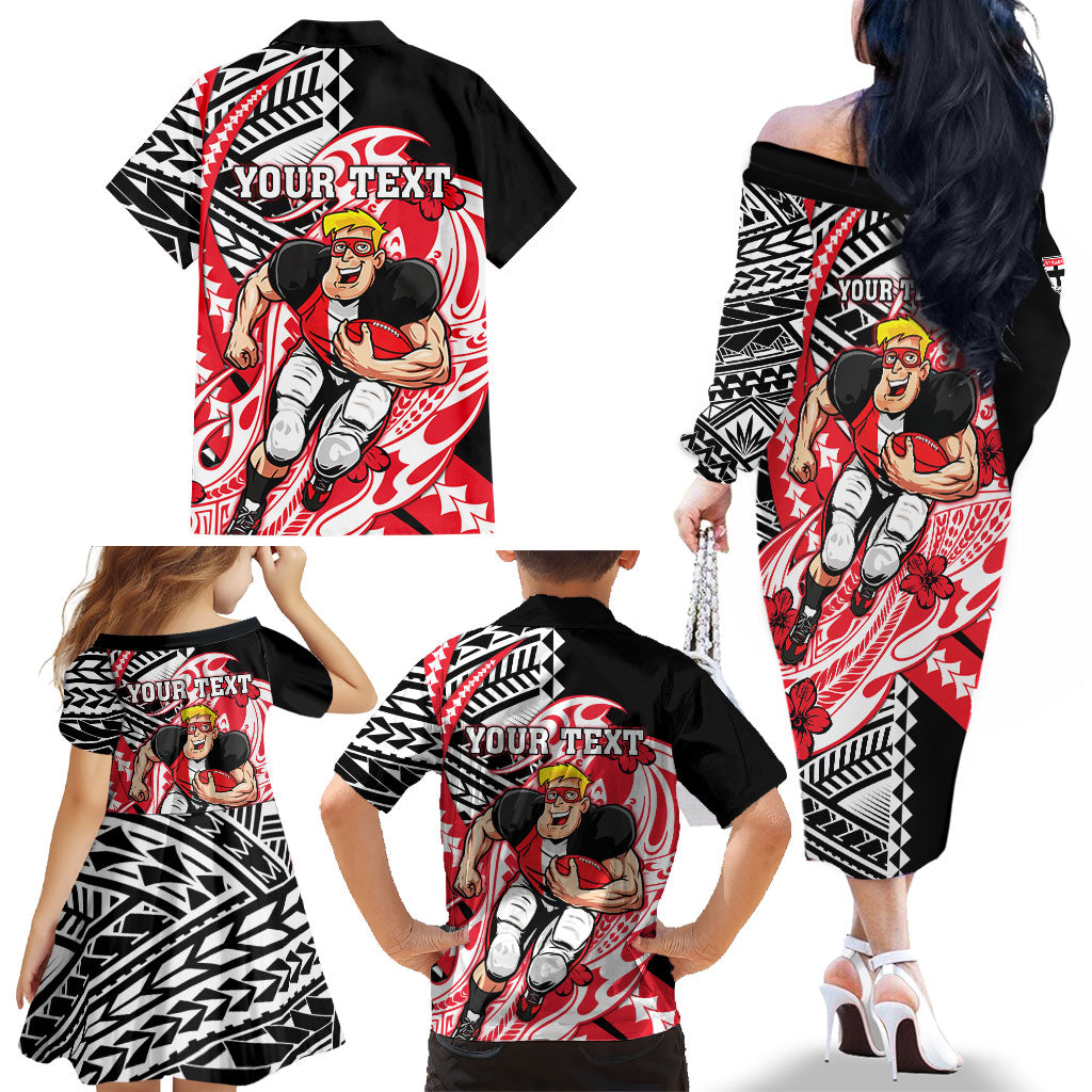 Personalized St Kilda Saints Family Matching Off The Shoulder Long Sleeve Dress and Hawaiian Shirt Polynesian Tribal Saint Mascot With Hibiscus Floral Art