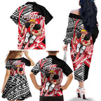 Personalized St Kilda Saints Family Matching Off The Shoulder Long Sleeve Dress and Hawaiian Shirt Polynesian Tribal Saint Mascot With Hibiscus Floral Art