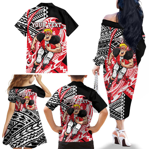 Personalized St Kilda Saints Family Matching Off The Shoulder Long Sleeve Dress and Hawaiian Shirt Polynesian Tribal Saint Mascot With Hibiscus Floral Art