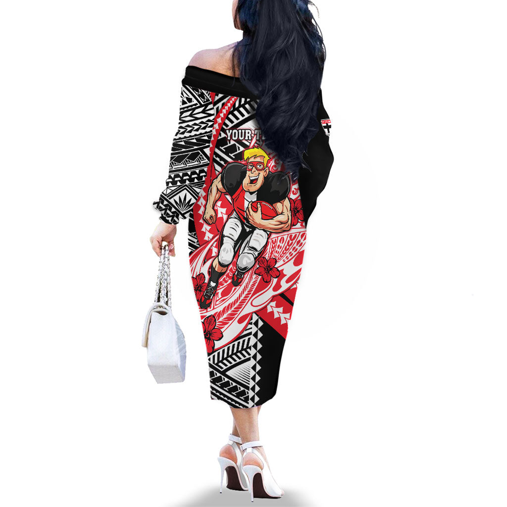 Personalized St Kilda Saints Family Matching Off The Shoulder Long Sleeve Dress and Hawaiian Shirt Polynesian Tribal Saint Mascot With Hibiscus Floral Art