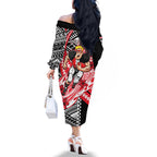 Personalized St Kilda Saints Family Matching Off The Shoulder Long Sleeve Dress and Hawaiian Shirt Polynesian Tribal Saint Mascot With Hibiscus Floral Art