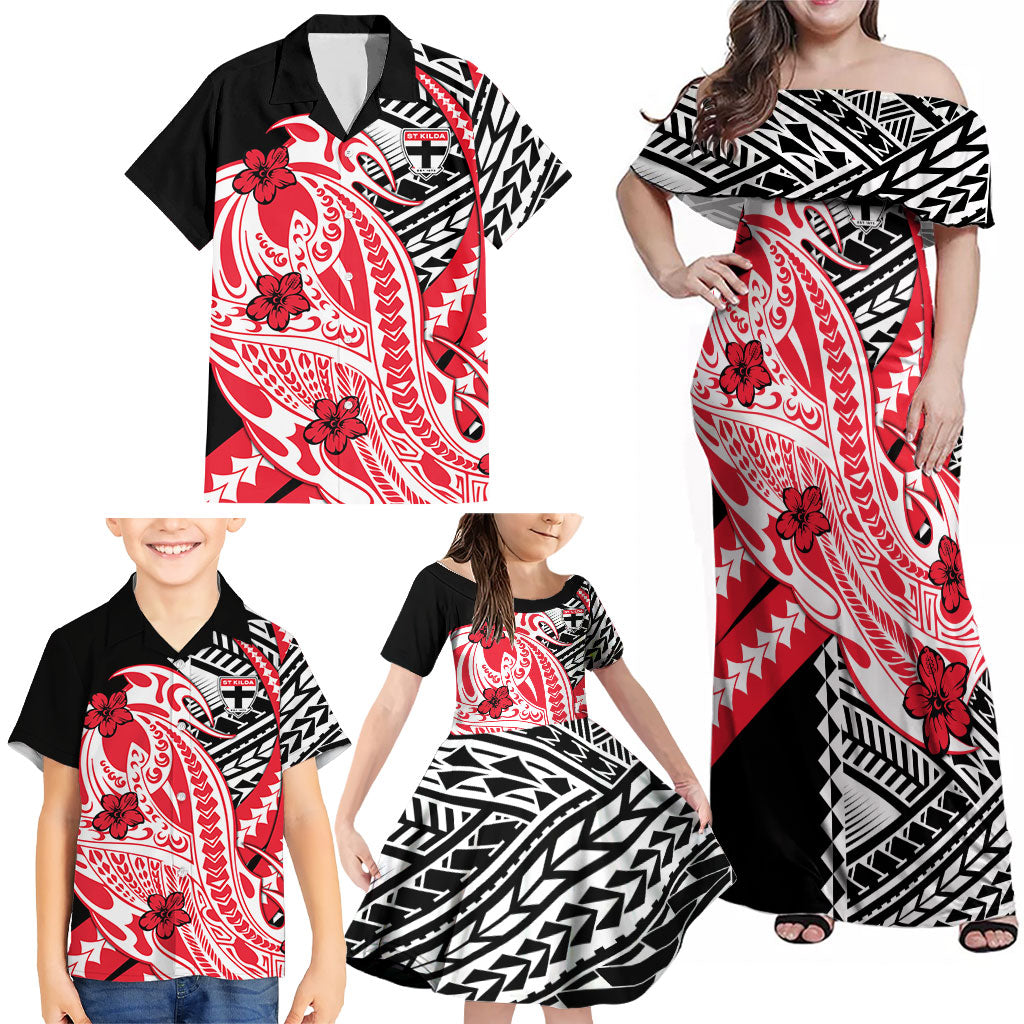 Personalized St Kilda Saints Family Matching Off Shoulder Maxi Dress and Hawaiian Shirt Polynesian Tribal Saint Mascot With Hibiscus Floral Art