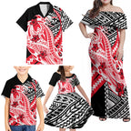 Personalized St Kilda Saints Family Matching Off Shoulder Maxi Dress and Hawaiian Shirt Polynesian Tribal Saint Mascot With Hibiscus Floral Art