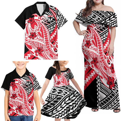 Personalized St Kilda Saints Family Matching Off Shoulder Maxi Dress and Hawaiian Shirt Polynesian Tribal Saint Mascot With Hibiscus Floral Art