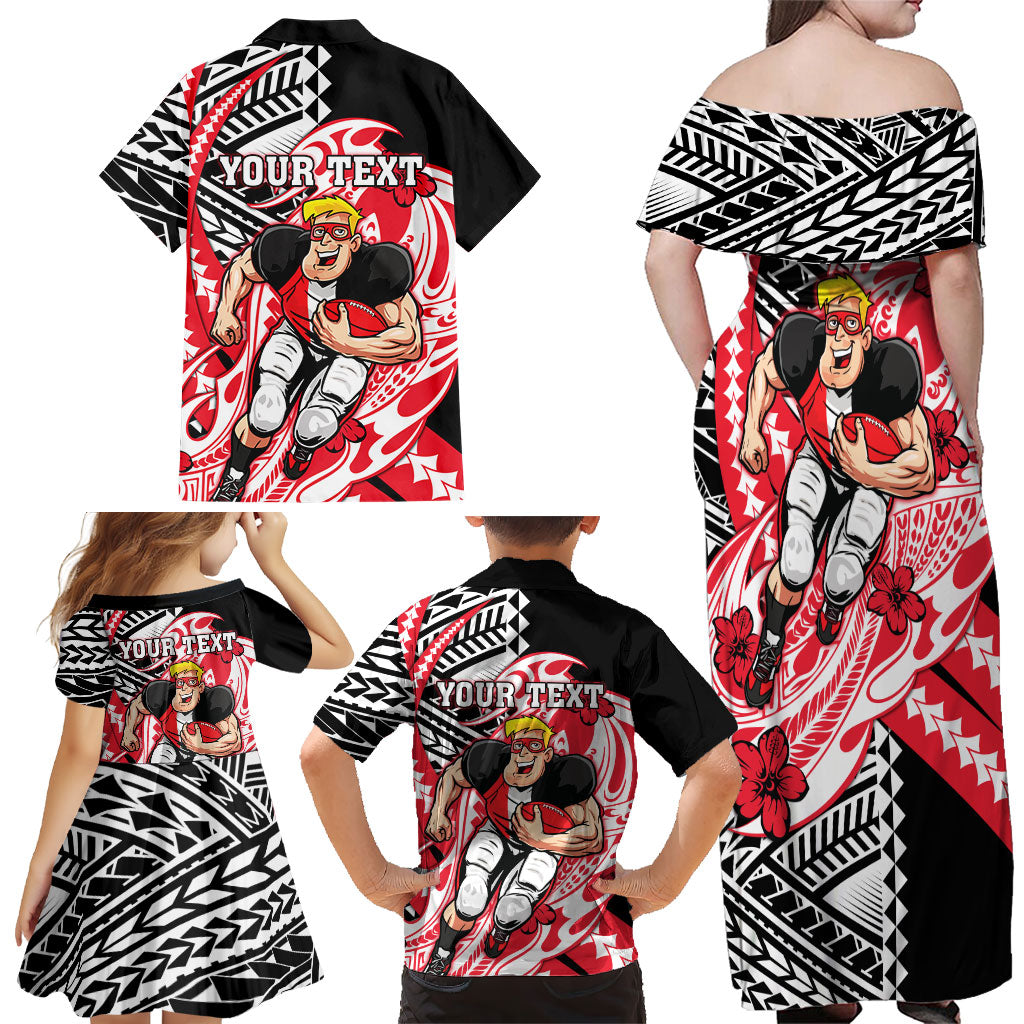 Personalized St Kilda Saints Family Matching Off Shoulder Maxi Dress and Hawaiian Shirt Polynesian Tribal Saint Mascot With Hibiscus Floral Art