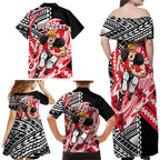 Personalized St Kilda Saints Family Matching Off Shoulder Maxi Dress and Hawaiian Shirt Polynesian Tribal Saint Mascot With Hibiscus Floral Art