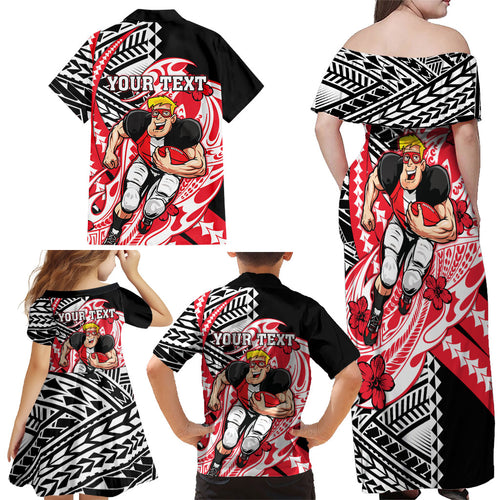 Personalized St Kilda Saints Family Matching Off Shoulder Maxi Dress and Hawaiian Shirt Polynesian Tribal Saint Mascot With Hibiscus Floral Art