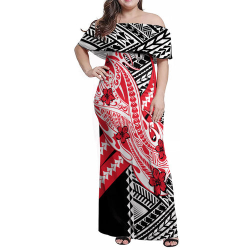 Personalized St Kilda Saints Family Matching Off Shoulder Maxi Dress and Hawaiian Shirt Polynesian Tribal Saint Mascot With Hibiscus Floral Art