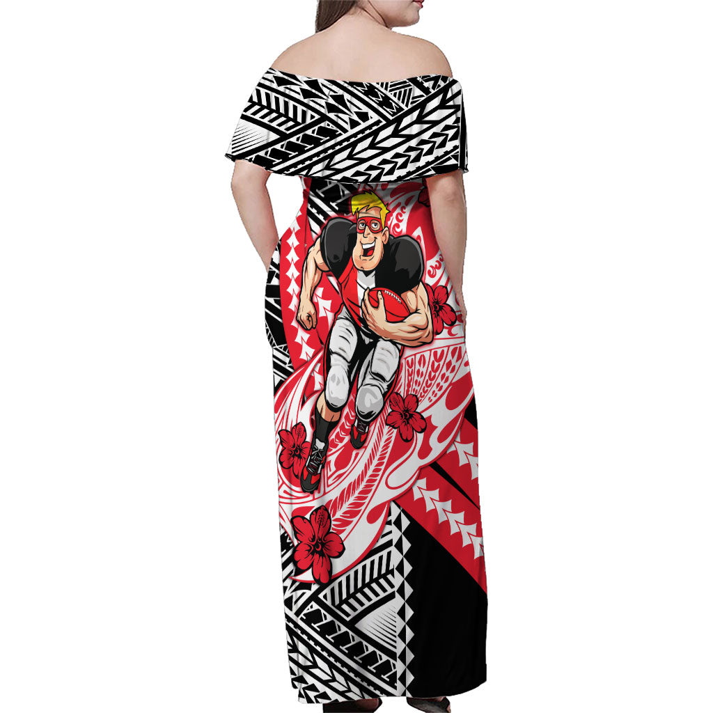Personalized St Kilda Saints Family Matching Off Shoulder Maxi Dress and Hawaiian Shirt Polynesian Tribal Saint Mascot With Hibiscus Floral Art