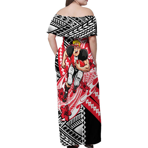 Personalized St Kilda Saints Family Matching Off Shoulder Maxi Dress and Hawaiian Shirt Polynesian Tribal Saint Mascot With Hibiscus Floral Art