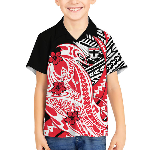 Personalized St Kilda Saints Family Matching Off Shoulder Maxi Dress and Hawaiian Shirt Polynesian Tribal Saint Mascot With Hibiscus Floral Art