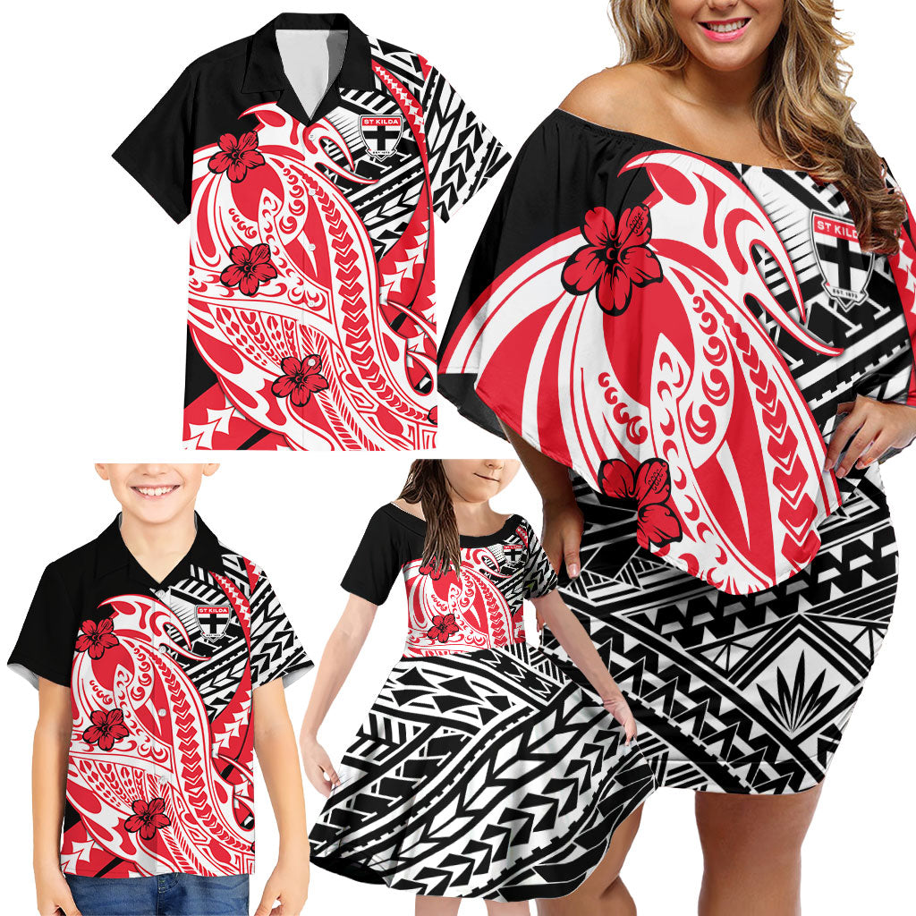 Personalized St Kilda Saints Family Matching Off Shoulder Short Dress and Hawaiian Shirt Polynesian Tribal Saint Mascot With Hibiscus Floral Art