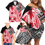 Personalized St Kilda Saints Family Matching Off Shoulder Short Dress and Hawaiian Shirt Polynesian Tribal Saint Mascot With Hibiscus Floral Art