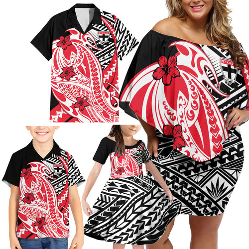 Personalized St Kilda Saints Family Matching Off Shoulder Short Dress and Hawaiian Shirt Polynesian Tribal Saint Mascot With Hibiscus Floral Art