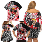 Personalized St Kilda Saints Family Matching Off Shoulder Short Dress and Hawaiian Shirt Polynesian Tribal Saint Mascot With Hibiscus Floral Art