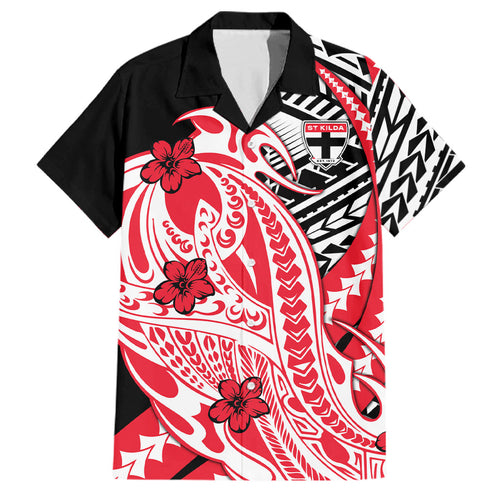 Personalized St Kilda Saints Family Matching Off Shoulder Short Dress and Hawaiian Shirt Polynesian Tribal Saint Mascot With Hibiscus Floral Art